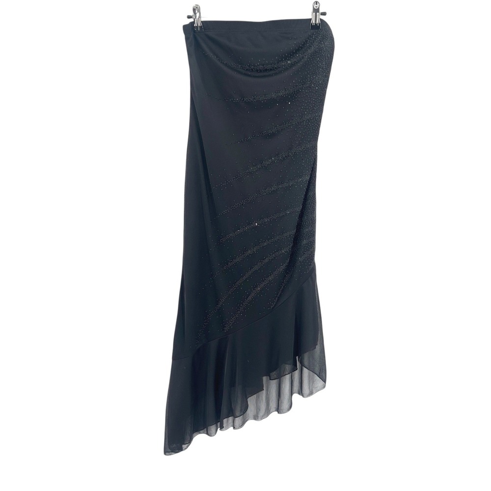 Whimsigoth Beaded Mesh Asymmetrical Midi Dress M Black Romantic Y2K Fairy Grunge
